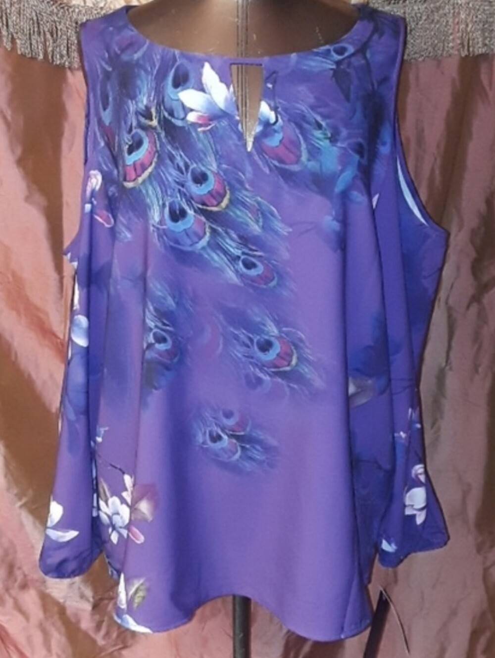 Peter Nygard - Cold Shoulder Double Keyhole Feminine Blouse Peacock Print Purple